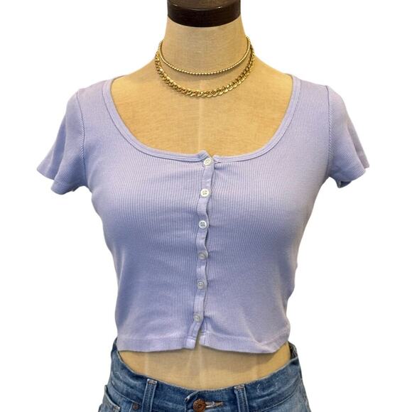 BRANDY MELVILLE Purple Ribbed Button Front Cropped Shirt Top One Size - Picture 1 of 7